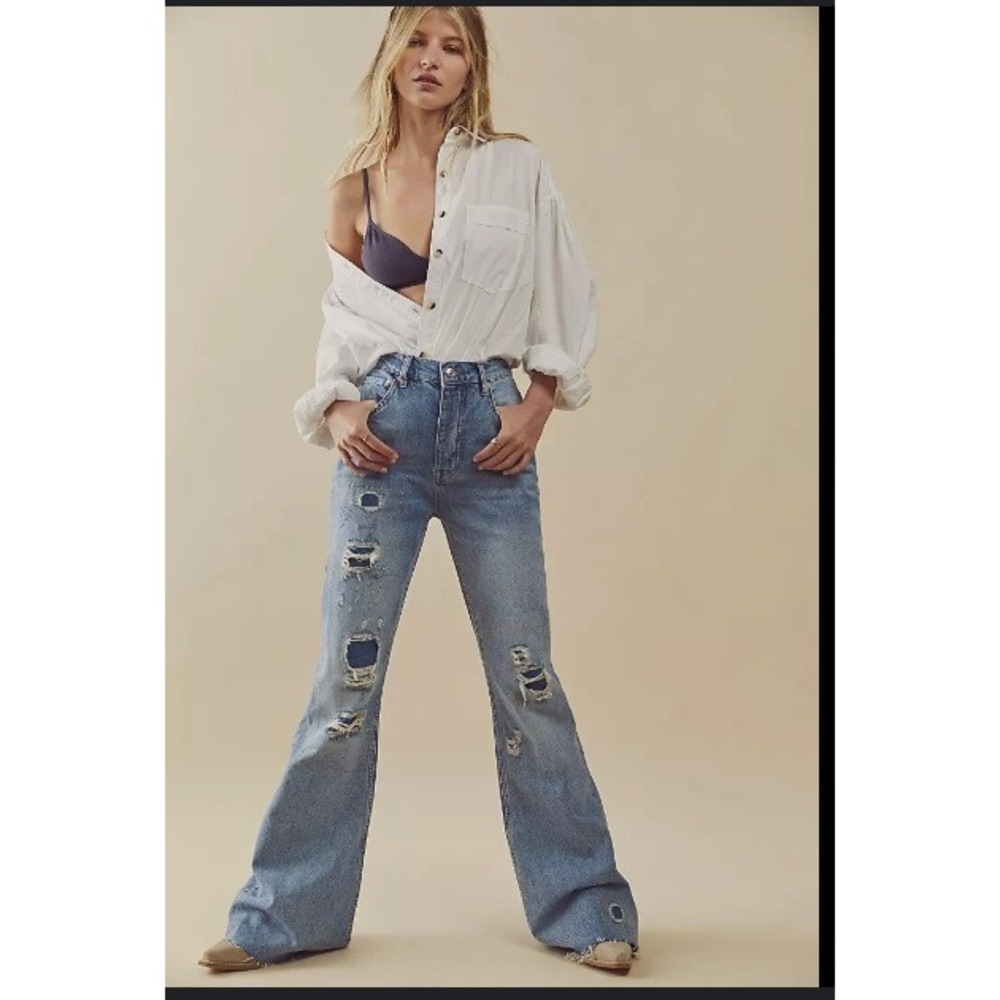 Free People Washed Blue Distressed Wide-Leg Jeans